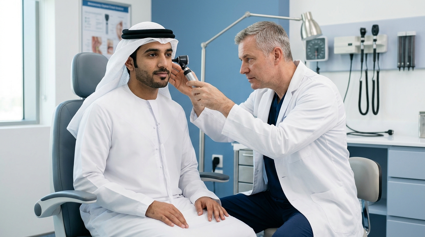 doctor examining patient's ear at ENT clinic at Dr. Sulaiman Al habib Hospital