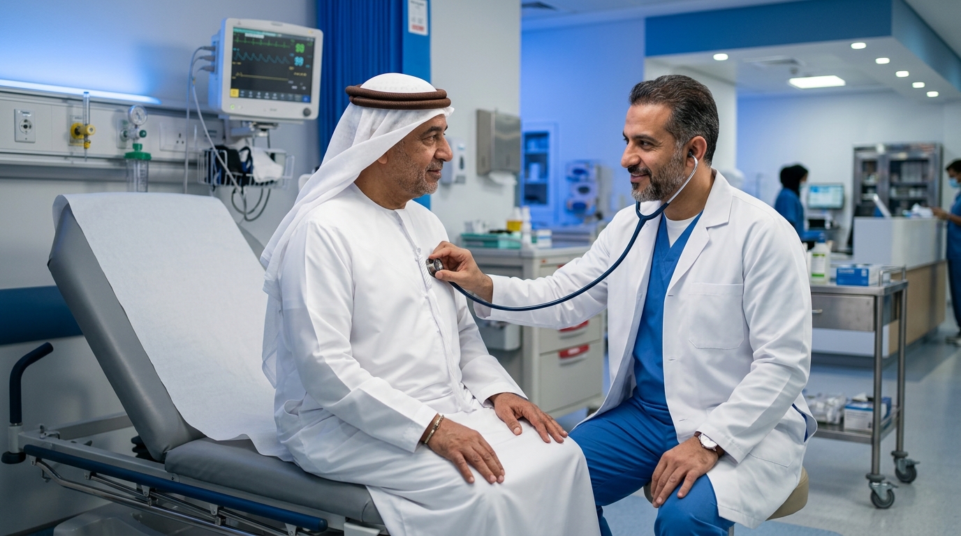 Doctor examining a patient with a stethoscope in the 24/7 Emergency Department at Dr. Sulaiman Al Habib Hospital Dubai