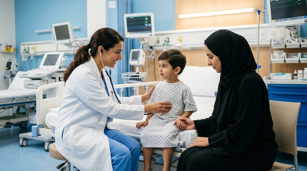 Doctor providing specialized pediatric emergency care for a child at Dr. Sulaiman Al Habib Hospital