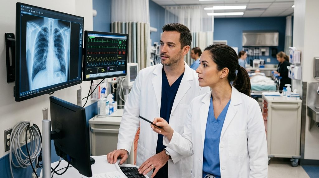 Emergency medical team reviewing chest X-ray and cardiac monitor readings to diagnose emergency conditions