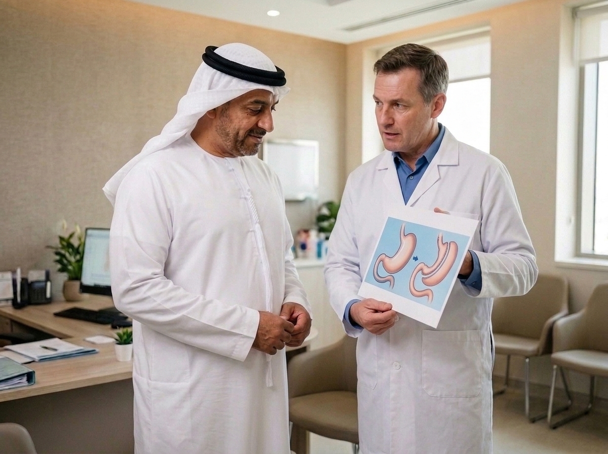 طبيب يشرح لمريضه الرسم التوضيحي لتشريح المعدة قبل إجراء جراحة السمنة