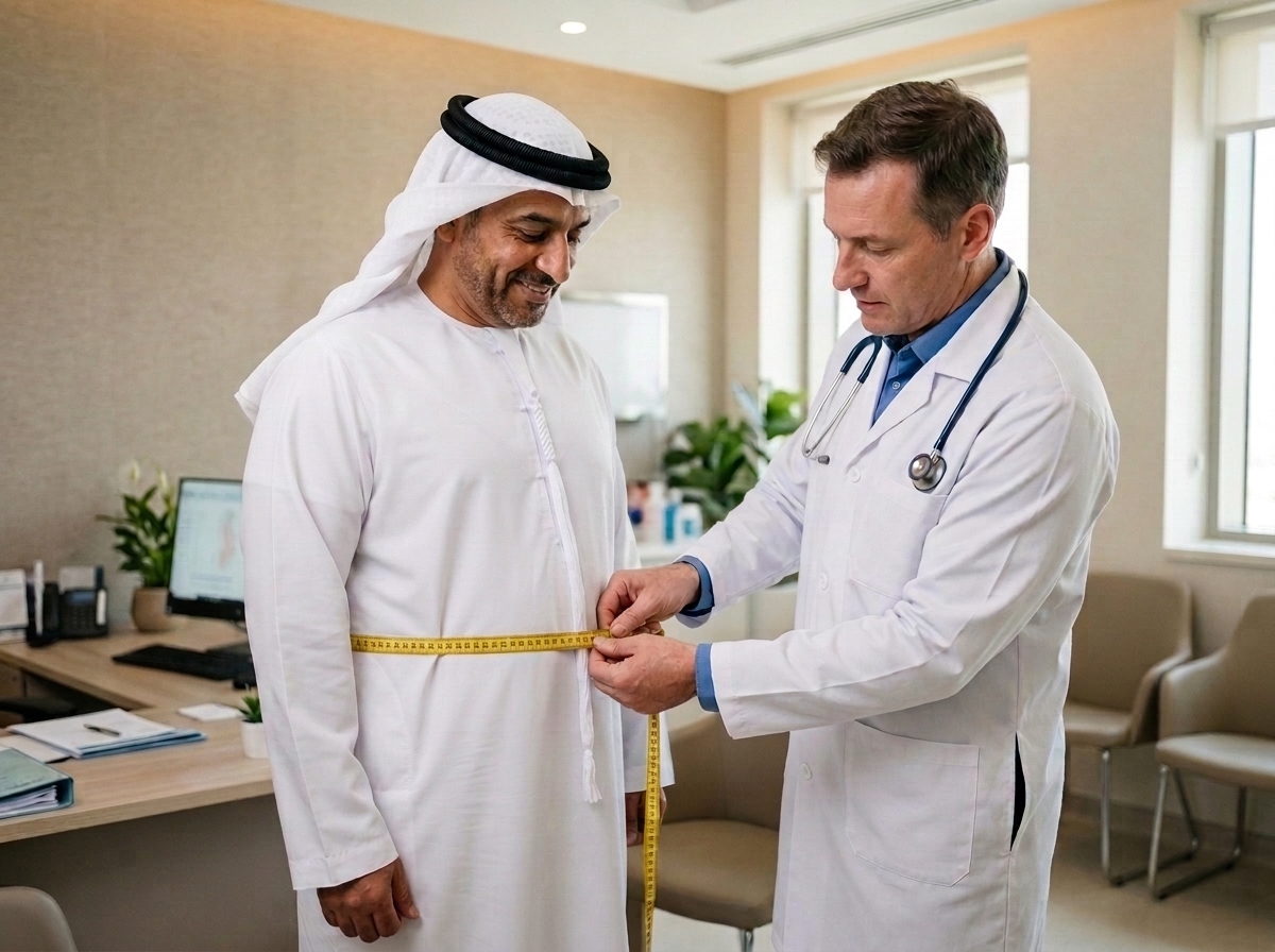 طبيب يقوم بتقييم مؤشر كتلة الجسم لمريض إماراتي يعاني من زيادة الوزن، وتحديد مدى أهليته لإجراء جراحة السمنة في دبي
